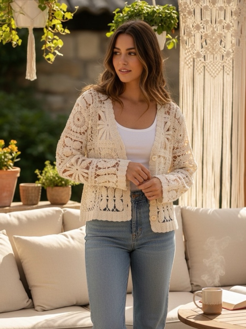 Solitaire Cream Crochet Button-Up Cardigan